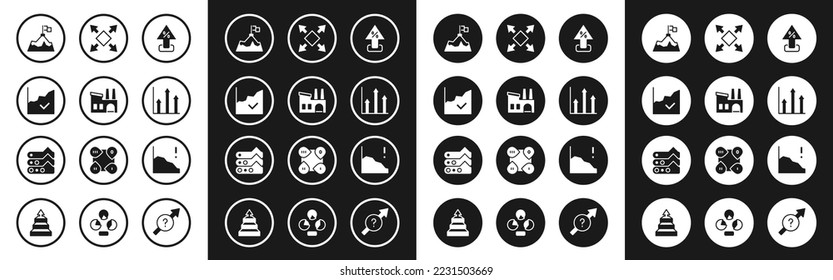 Set Percent up arrow, Factory, Financial growth increase, Mountains with flag, Pie chart infographic, Many ways directional, decrease and Graph, chart, diagram icon. Vector