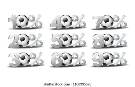 Set of percent discount icons with soccer ball. Sale for world championship football cup. Vector illustration isolated on white