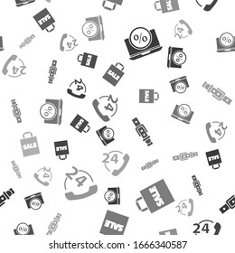 Set Percent discount and laptop, Shoping bag with Sale, Leather belt and Telephone 24 hours support on seamless pattern. Vector