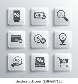 Set Percent discount and laptop, Shopping cart, Cash location, Money coin with percent, Discount tag, Credit card remove, mobile and Magnifying glass icon. Vector