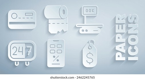 Set Percent discount and mobile, Electronic scales, Clock 24 hours, Price tag with dollar, Toilet paper roll and Credit card icon. Vector