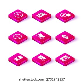 Conjunto Porcentaje de descuento y móvil, sobre con moneda dólar, etiqueta vendida, tableta, ojo, crecimiento financiero y Precio icono de etiqueta. Vector