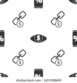 Set Percent discount and mobile, Eye with dollar and Chain link and coin on seamless pattern. Vector