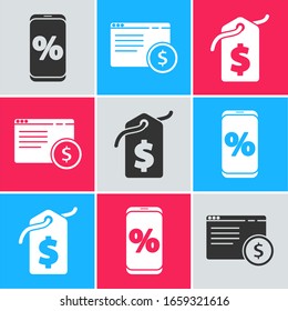 Set Percent discount and mobile, Online shopping on screen and Price tag with dollar icon. Vector