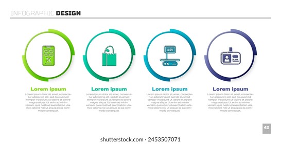 Set Percent discount and mobile, Paper bag with bread loaf, Electronic scales and Identification badge. Business infographic template. Vector