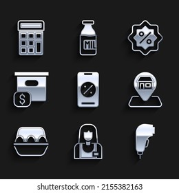 Set Percent discount and mobile, Seller, Scanner scanning bar code, Location Market store, Chicken egg box, Carton cardboard with price, Discount percent tag and Calculator icon. Vector