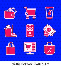 Set Percent discount and mobile, Shopping cart on computer, bag with recycle, POS terminal, Paper bread loaf, Mop bucket, Yogurt container and Wallet money icon. Vector