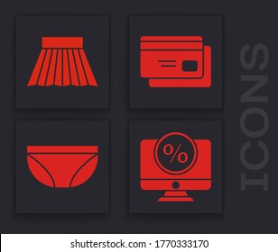 Set Percent discount and monitor, Skirt, Credit card and Underwear icon. Vector
