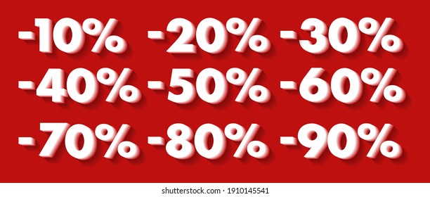 Set of percent discount number figures, white 3d digits on red backdrop, collection for advertising or promotion in retail