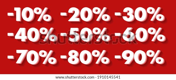 Set of percent discount number figures, white 3d\
digits on red backdrop, collection for advertising or promotion in\
retail