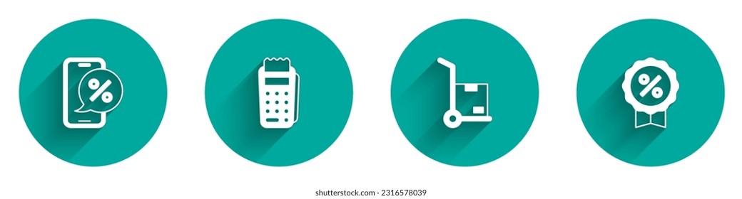 Set Percent discount on phone, POS terminal, Hand truck and boxes and Discount percent tag icon with long shadow. Vector