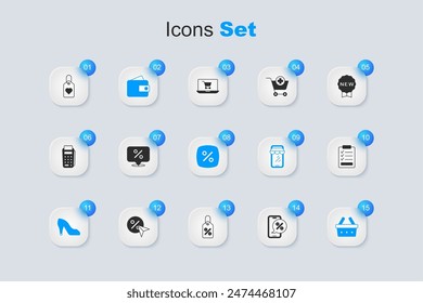 Set Percent discount on phone, Discount percent tag, Wallet, Woman shoe, Shopping basket, Clipboard with checklist, Heart and  icon. Vector