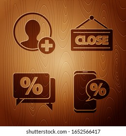 Set Percent discount and phone, Create account screen, Discount percent tag and Hanging sign with Closed on wooden background. Vector