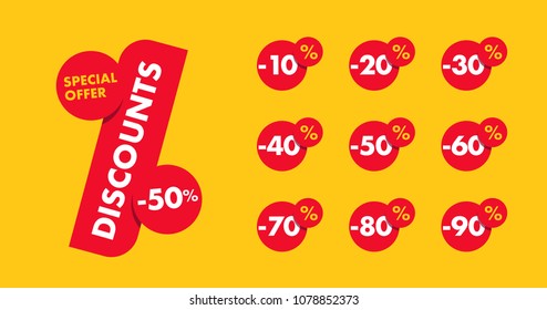 Set of percent discounts with logo label in a shape of discount sign with all numbers off in circles, yellow background red signs