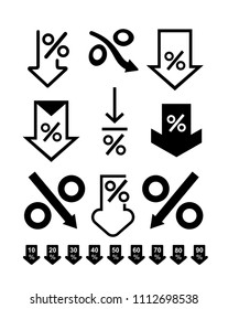 Set of Percent down line icon. Banking concept. Percentage, arrow, reduction. Can be used for topics like investment, finance, interest rate. Vector illustration. Isolated on white background