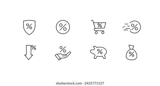 Set of percent icons. Outline, percent icons inside shield, circle, basket, arrow, hand, pig, money bag, percent design. Vector icons
