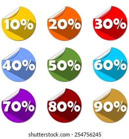 A set of percent label on rolled paper circle in different colors. For use in shop, market or presentation. Modern flat design with long shadow.