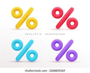 Set of percent sign. Realistic percentage, discount, sale, promotion concept. 3d vector icon illustration. Isolated on white background.