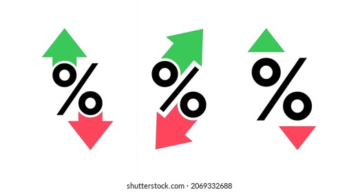 Establecer flecha de porcentaje con signo de porcentaje. Icono de flecha de porcentaje hacia arriba y hacia abajo. Concepto de diseño para banca, crédito, tipo de interés, finanzas y ámbito monetario.