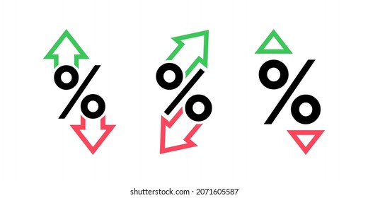 Set percentage arrow with percent sign. Percentage arrow up and down line icon. Design concept for banking, credit, interest rate, finance and money sphere.