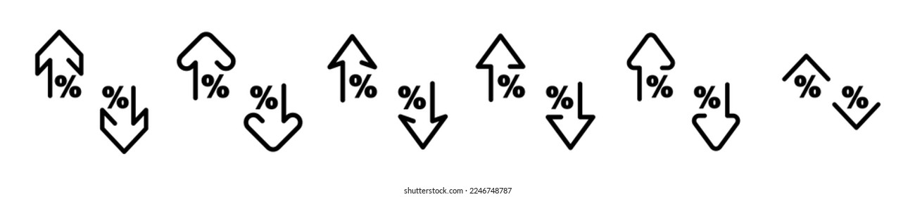 Set of percentage arrows up and down. Increase and decrease profit. Drop or loss economy. Vector icons set.