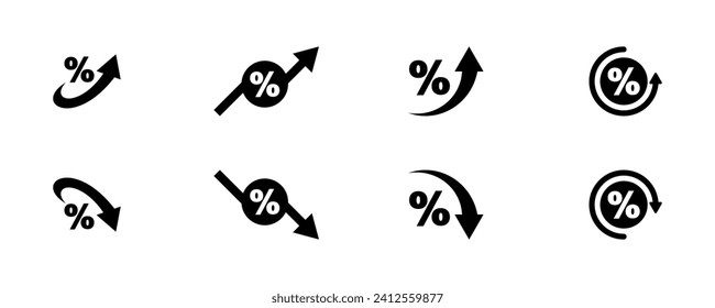Set of percentage arrows vector icons. Black percent arrow with up and down. Growth and decrease.
