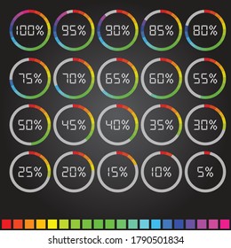 Set of percentage diagram circles. Percent countdown for webdesign and info graphic template. User interface UI design indicator or loader, 100 90 80 70 60 50 40 30 20 10 in Rainbow