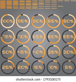 Set of percentage diagram circles. Percent countdown for webdesign and info graphic template. User interface UI design indicator or loader, 100 90 80 70 60 50 40 30 20 10 in Orange