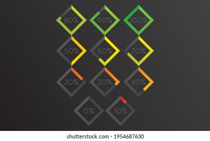 Set of percentage diagram squares. Percent countdown for web design and info graphic template. User interface UI design indicator or loader, 100 90 80 70 60 50 40 30 20 10 