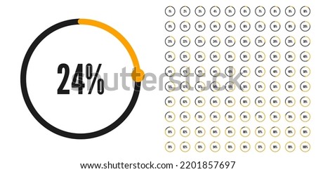Set of percentage diagrams with scale from 1 to 100 percent. Pie chart of percentages for infographic, user interface. Progress, download and upload, count meter with scale from 1 to 100. Vector