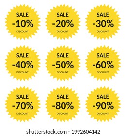 Set of percentage discount banners icons.10,20,30,40,50,60,70,80,90 percent sale Vector illustration eps 10.
