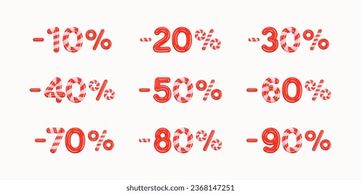 Set of Percentage Discounts from 10 to 90. Christmas Sale Season. Creative design of red striped 3d numbers and signs on white. Mega Sale Bonus Symbols. Sale OFF. 3D render. Vector illustration