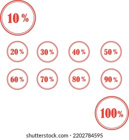 Set of percentage icons 10% 2% 30% 40% 50% 60% 70% 80% 90% 100% in the center of a red circle professionally on a white background
