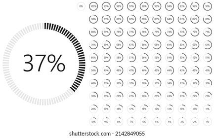 Set of Percentage Meter for Report Progress, Icon loader 0 to 100, 5, 10, 15, 20, 25, 30, 35, 40, 45, 50, 55, 60, 65, 70, 75, 80, 85, 90, 95, 100, 
Black Loader Indicator Vector 