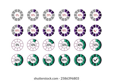 Set of Percentage Progress Circles in Various Stages.