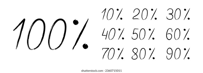 Set of percentages with brush stroke from ten percent to one hundred percent. Hand drawn collection of discount sale tags. Badges template isolated on white background. Vector illustration svg