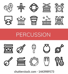 Set of percussion icons such as Maracas, Drums, Samba, Drum, Tambourine, Bongo, Drum set, Drum kit, Banjo, Double bass, Castanets, Conga , percussion