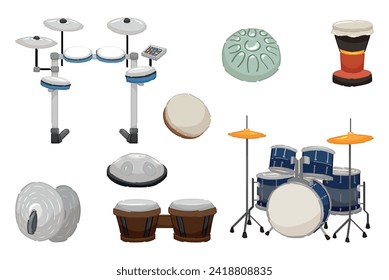 Set of percussion instruments on white background