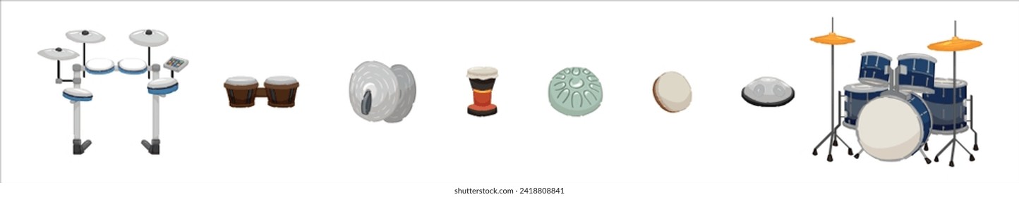 Set of percussion instruments on white background