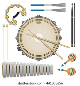 Set of percussion music instruments, drums, maracas, tambourine, drumsticks