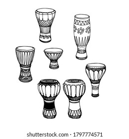 a set of percussion musical instruments, African drums, djembe, conga, darbuka, vector illustration with black ink contour lines isolated on a white background in a doodle & hand drawn style