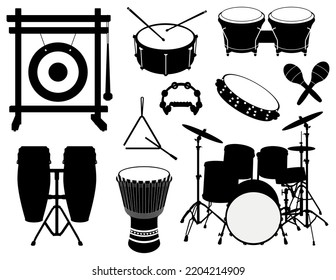 Set Of Percussion musical Instruments Silhouettes, Drums, Gong, Tambourine, Triangle And Maracas Vectors