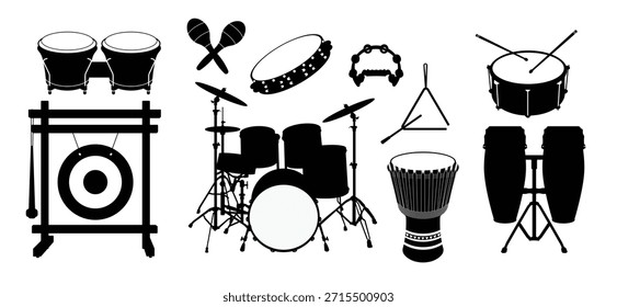 set of percussion musical instruments silhouettes drums
