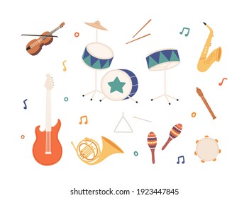 Set of percussion, wind, brass and stringed music instruments. Drums, sax, maracas, horn, electric guitar, fiddle, violin, fife and tambourine. Flat vector illustration isolated on white background