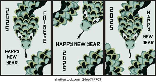 Set perfect 2025 Chinese New Year Design with Typography and green Snake in trend Geometric Retro style. Collection flat Asian New Year holiday Posters. Vector for Web and Social media. EPS 10