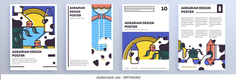 Set of perfect abstract posters for agriculture.Simple geometric shapes with the image of cow and milk.  Free Muller font used. 