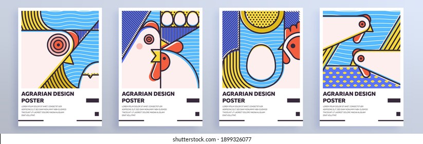 Set of perfect abstract posters for agriculture.Simple geometric shapes with the image of chickens.  Free Muller font used. 