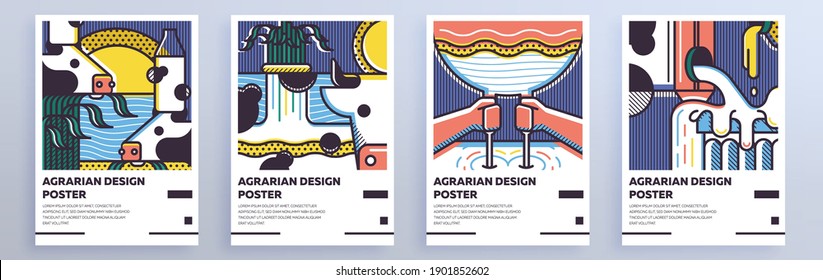 Set Of Perfect Abstract Posters For Agriculture.Simple Geometric Shapes With The Image Of Cow And Milk.  Free Muller Font Used. 