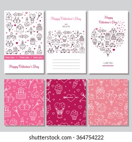 Set of perfect card templates with cute line elements. Valentine's Day greeting card with line icons . Vector seamless patterns.