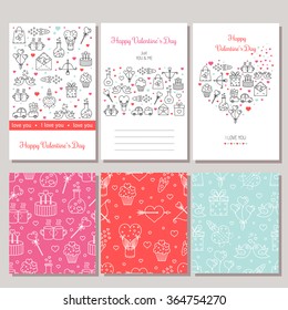 Set of perfect card templates with cute line elements. Valentine's Day greeting card with line icons . Vector seamless patterns.